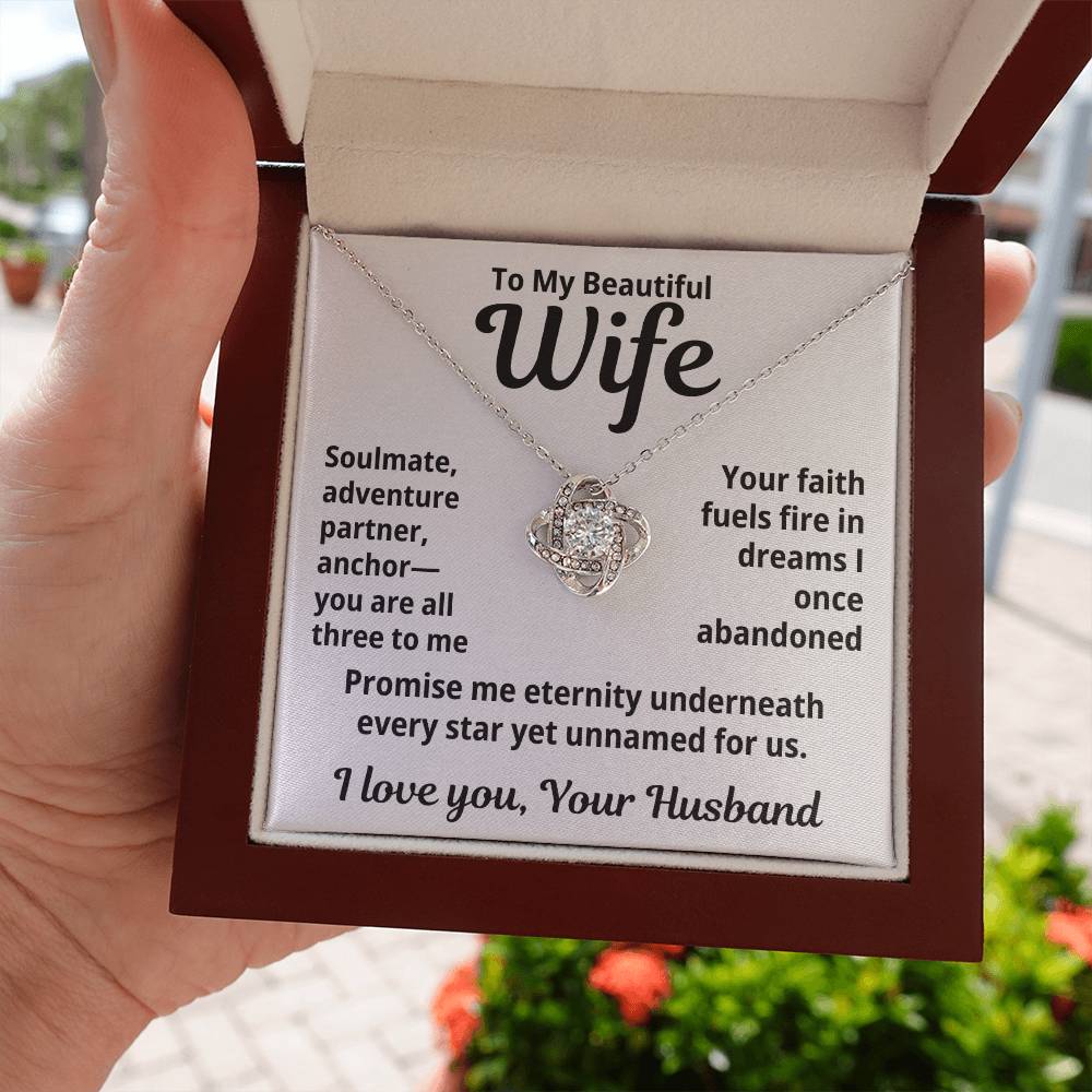 To My Beautiful Wife from Husband "Soulmate, adventure, partner...." Love Knot Necklace