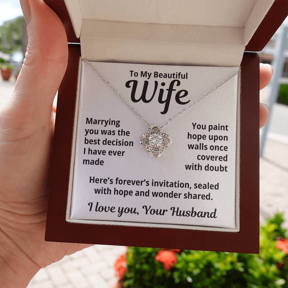 To My Beautiful Wife from Husband "Marrying you was the..." Love Knot Necklace