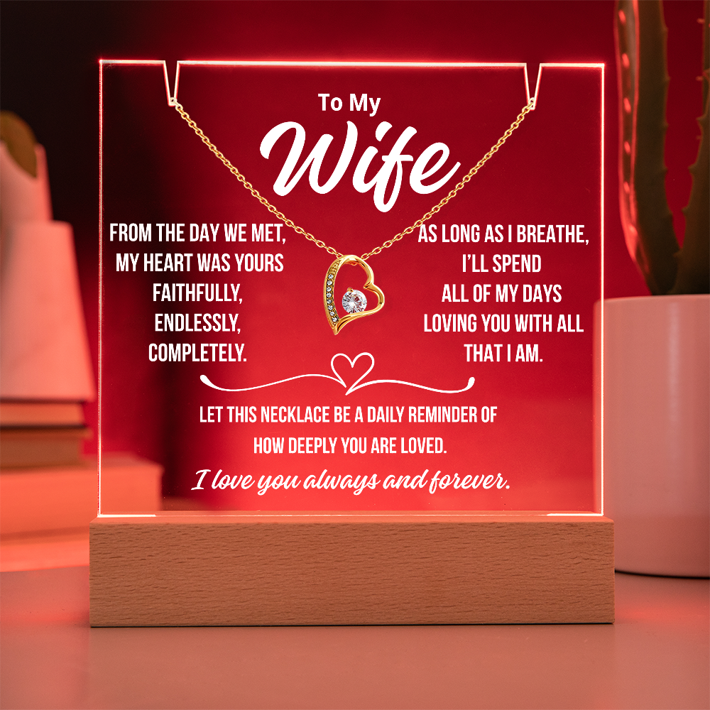 To My Wife  " From the day we met..."– Acrylic Plaque with Necklace Gift from Husband | Deeply Romantic Forever Love Message for Anniversary, Birthday, or Just Because