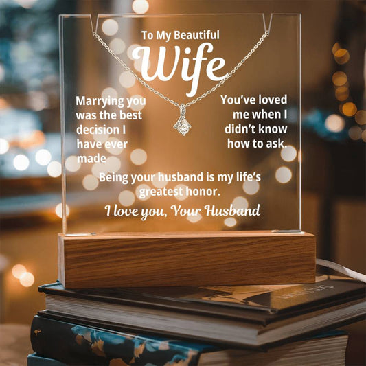 To My Beautiful Wife from Husband "Marrying you was..." – Alluring Beauty Necklace with Acrylic Message Card – Romantic Anniversary or Birthday Gift