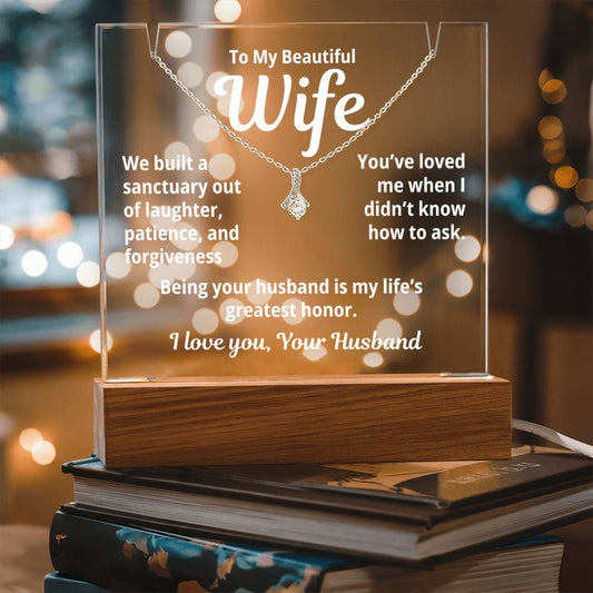 To My Beautiful Wife from Husband "We built a sanctuary..." – Alluring Beauty Necklace with Acrylic Message Card – Romantic Anniversary or Birthday Gift