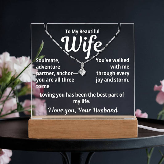 To My Beautiful Wife from Husband "Soulmate, adventure, partner..." – Alluring Beauty Necklace with Acrylic Message Card – Romantic Anniversary or Birthday Gift