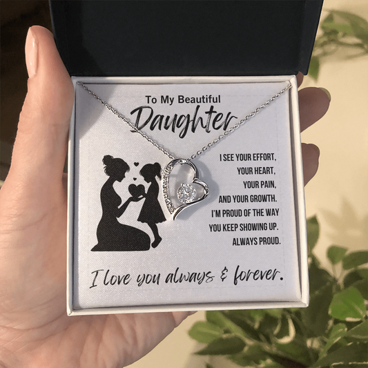 Forever Love Necklace for daughter from mom or dad with message of pride