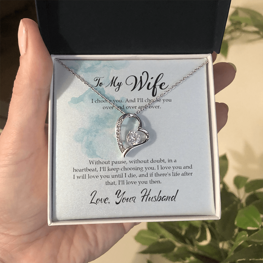 Forever Love heart necklace with cubic zirconia – romantic husband to wife jewelry gift

