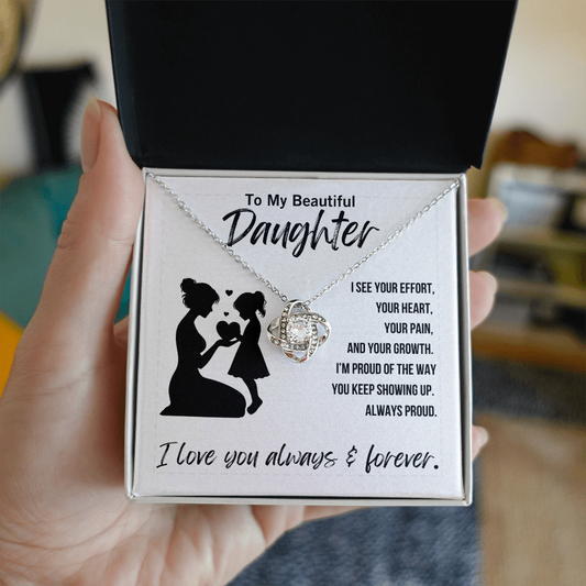 To My Daughter – Love Knot Necklace from Mom or Dad | Heartfelt Jewelry Gift with Emotional Message of Encouragement