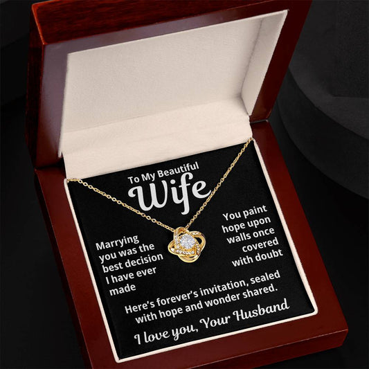 To My Beautiful Wife from Husband "Marrying you was the..." Love Knot Necklace Black Background