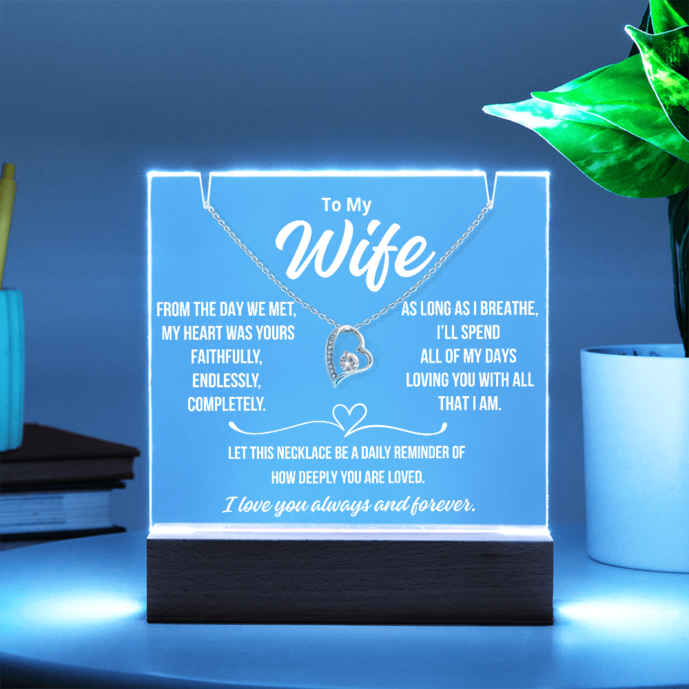 To My Wife  " From the day we met..."– Acrylic Plaque with Necklace Gift from Husband | Deeply Romantic Forever Love Message for Anniversary, Birthday, or Just Because