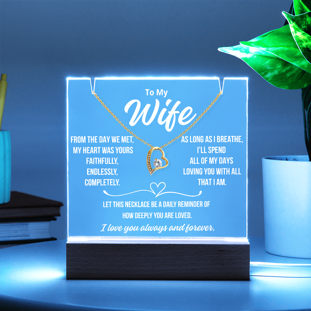 To My Wife  " From the day we met..."– Acrylic Plaque with Necklace Gift from Husband | Deeply Romantic Forever Love Message for Anniversary, Birthday, or Just Because