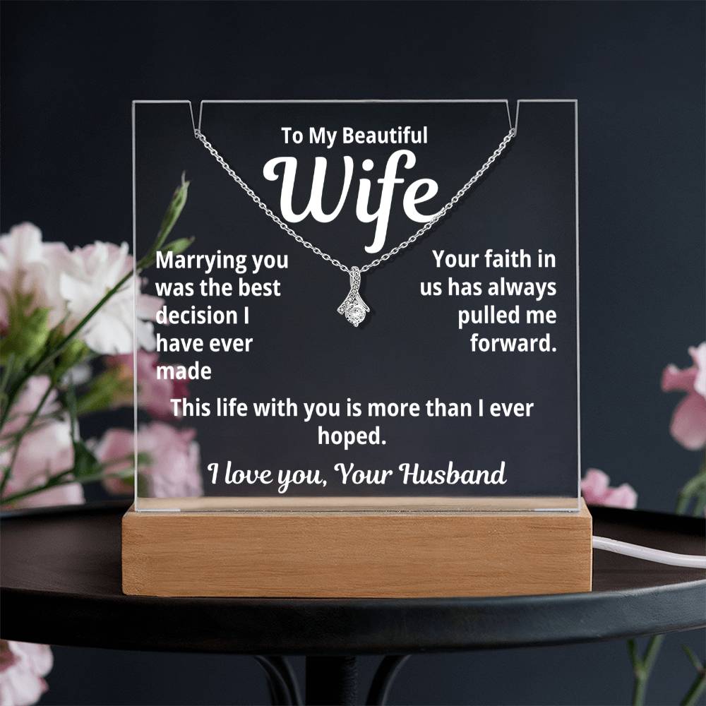 To My Beautiful Wife from Husband "Marrying you was the best..." – Alluring Beauty Necklace with Acrylic Message Card – Romantic Anniversary or Birthday Gift